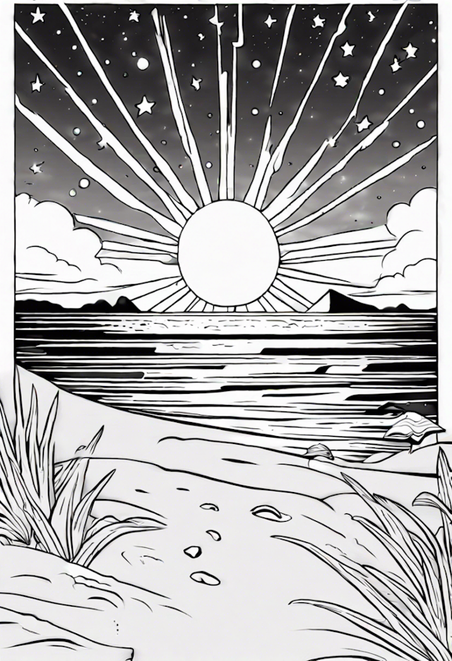 A coloring page of Sunrise Over a Tranquil Beach
