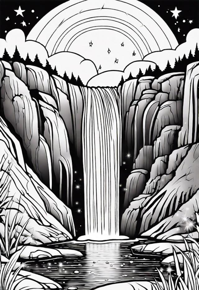 A coloring page of Mystical Waterfall Under the Rainbow