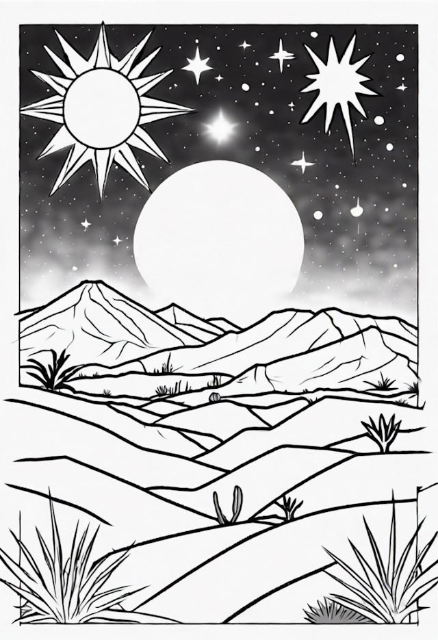 A coloring page of Desert Sun and Starry Night Coloring Page