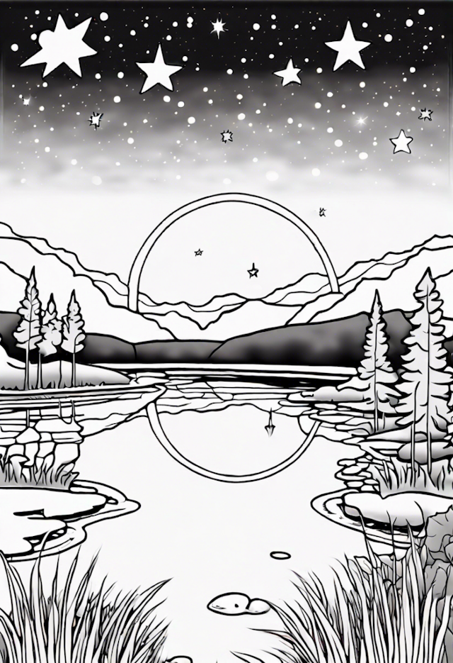 A coloring page of Starry Night Over Serene Lake