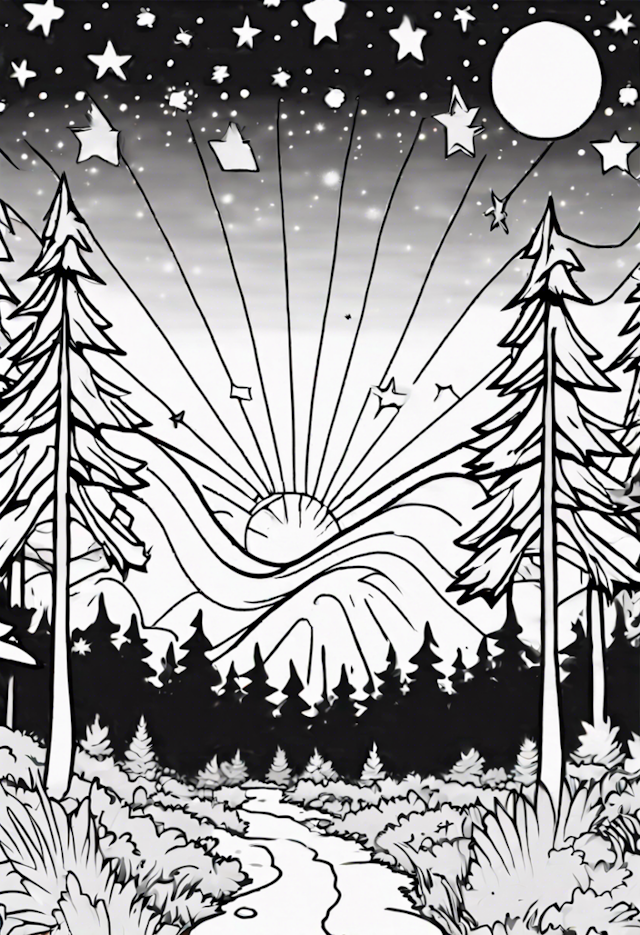 A coloring page of Mystical Night Forest with Stars and Moon