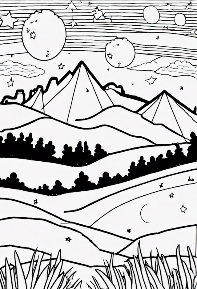 A coloring page of Mountains Under Starry Sky Coloring Page