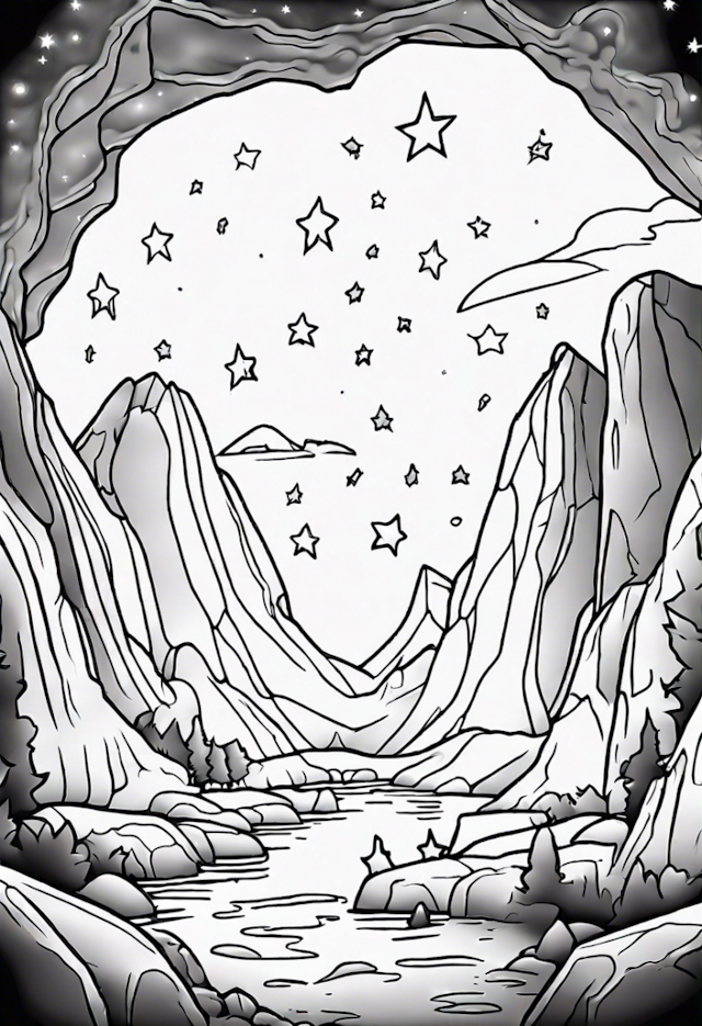 A coloring page of Starry Night in the Mountains