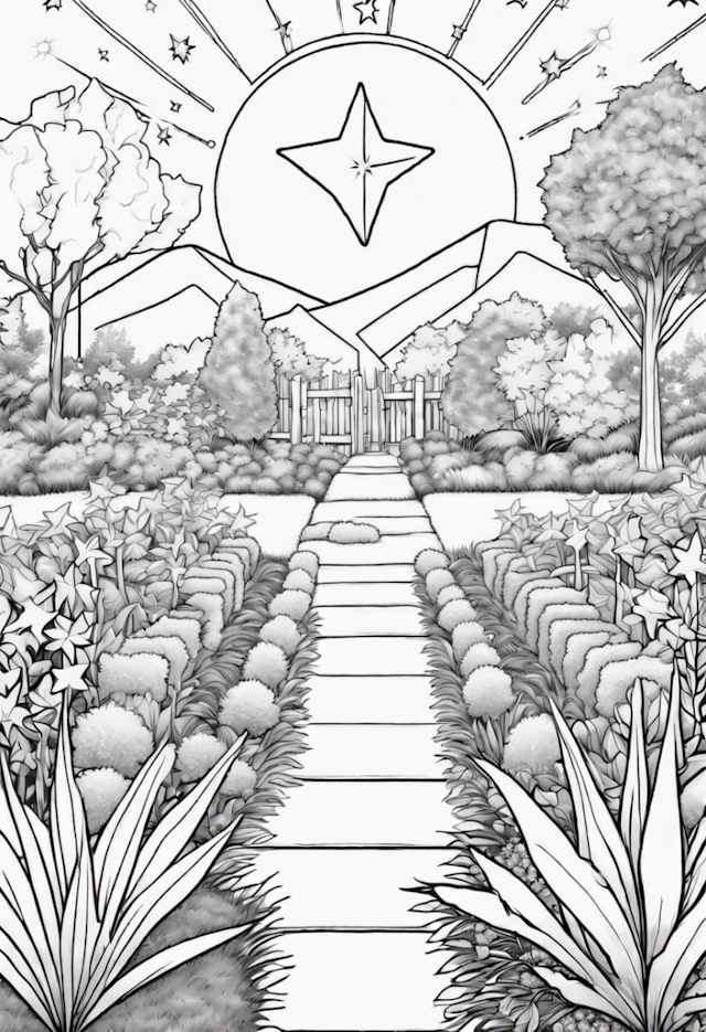 A coloring page of Mystical Garden Under the Shining Star