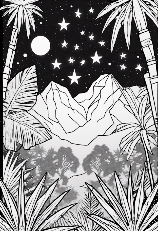 A coloring page of Mountain Stars Under the Tropical Night Sky