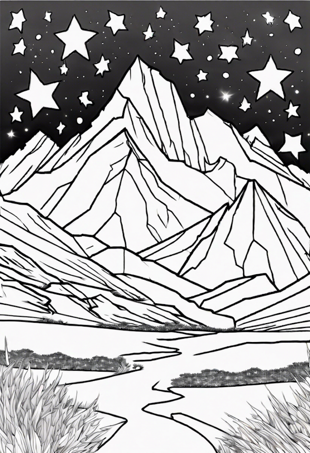 A coloring page of Starlit Mountain Landscape Coloring Page