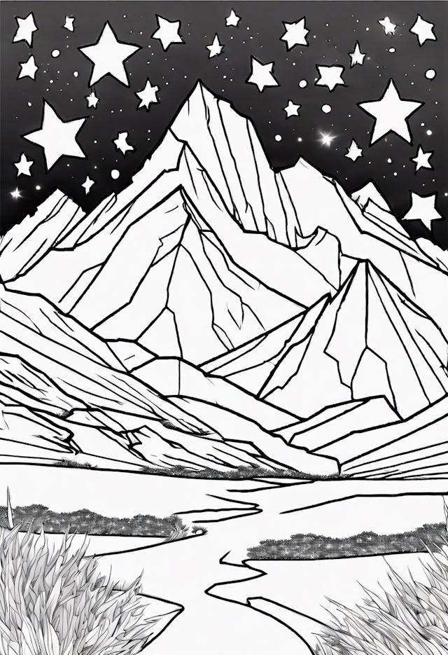 Starlit Mountain Landscape Coloring Page
