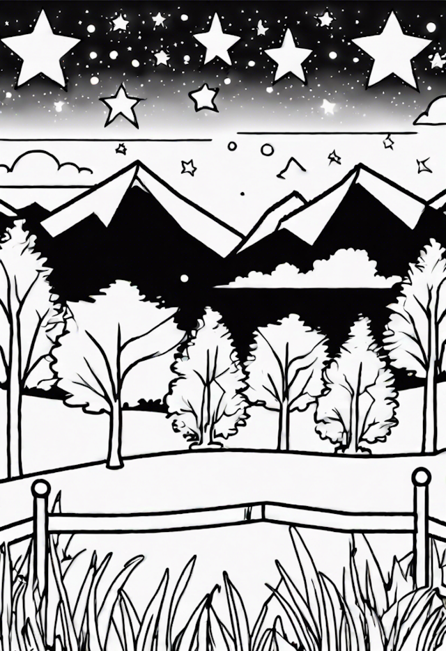 A coloring page of Starry Night Over Mountains Coloring Page