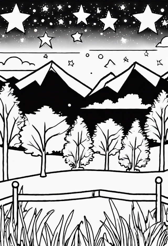 Starry Night Over Mountains Coloring Page