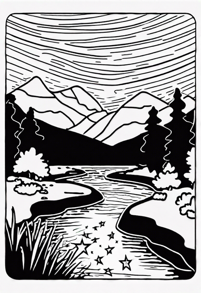 A coloring page of Mountain Stream and Starry Reflection Coloring Page