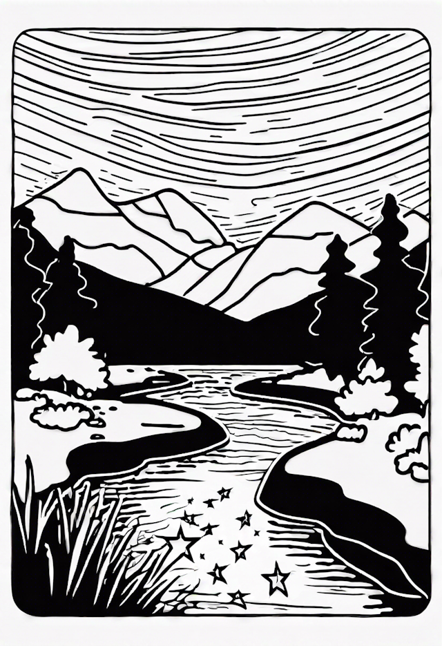 Mountain Stream and Starry Reflection Coloring Page