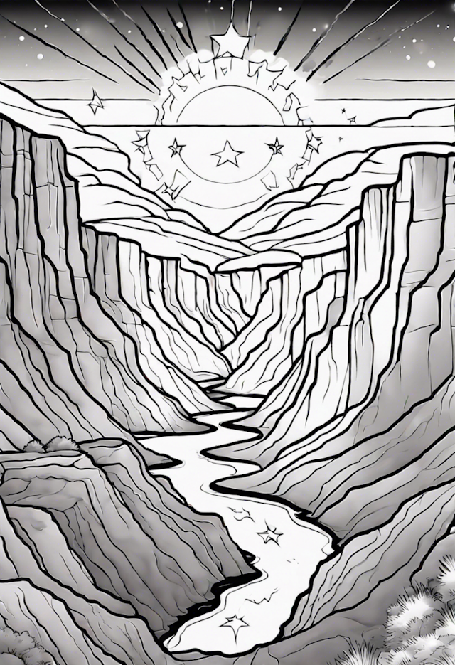 A coloring page of Canyon Dreams Under a Starry Sky