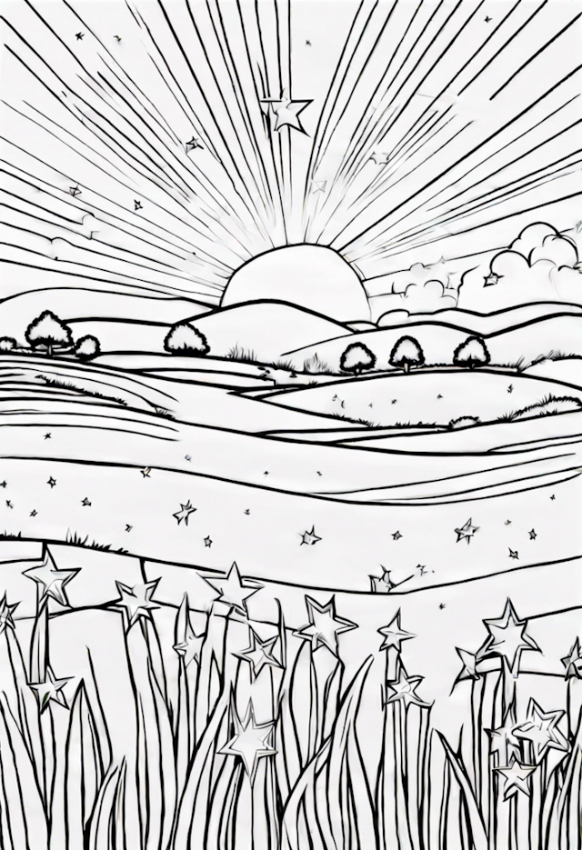 A coloring page of Starry Sunrise in the Countryside