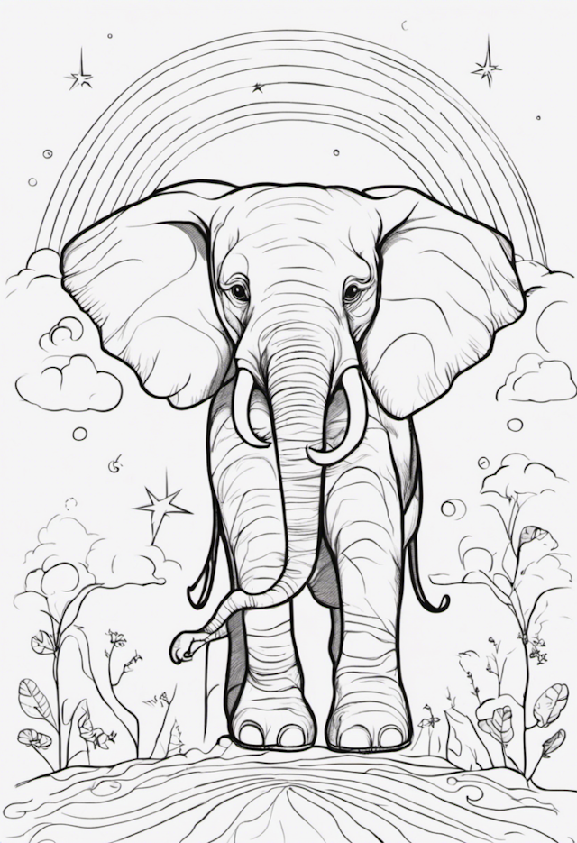 A coloring page of Elephant Beneath the Rainbow Coloring Page