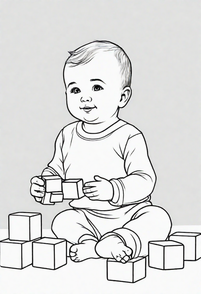 A coloring page of Baby Playing with Building Blocks Coloring Page