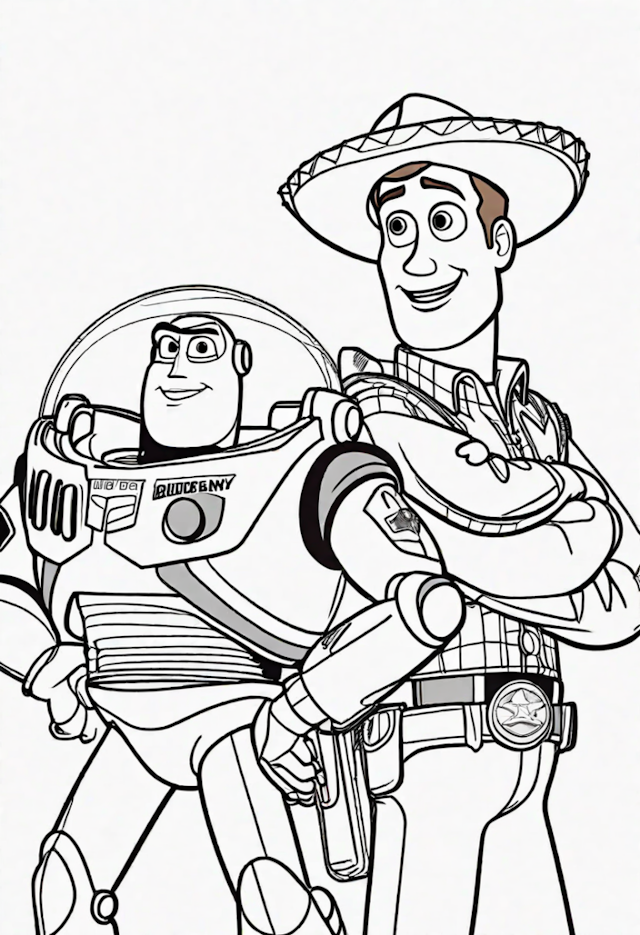 A coloring page of Buzz Lightyear and Woody Coloring Fun!