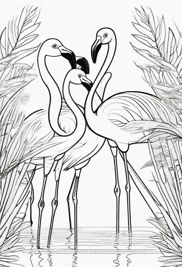 A coloring page of Flamingos by the Water
