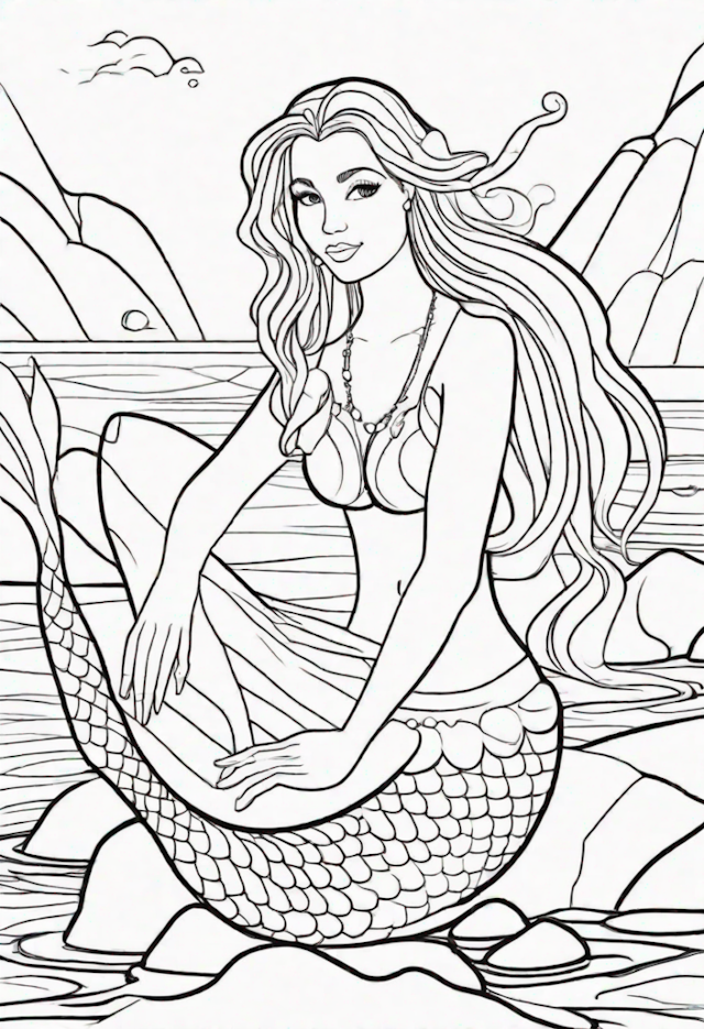 A coloring page of Mermaid Serenity by the Sea