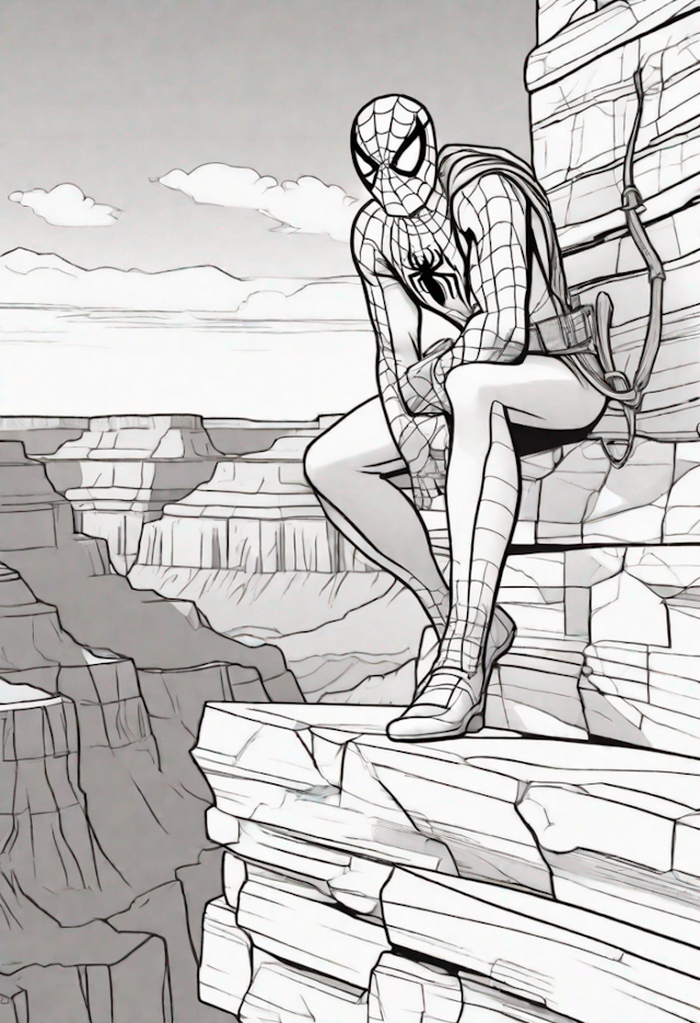 A coloring page of Spider-Man at the Grand Canyon