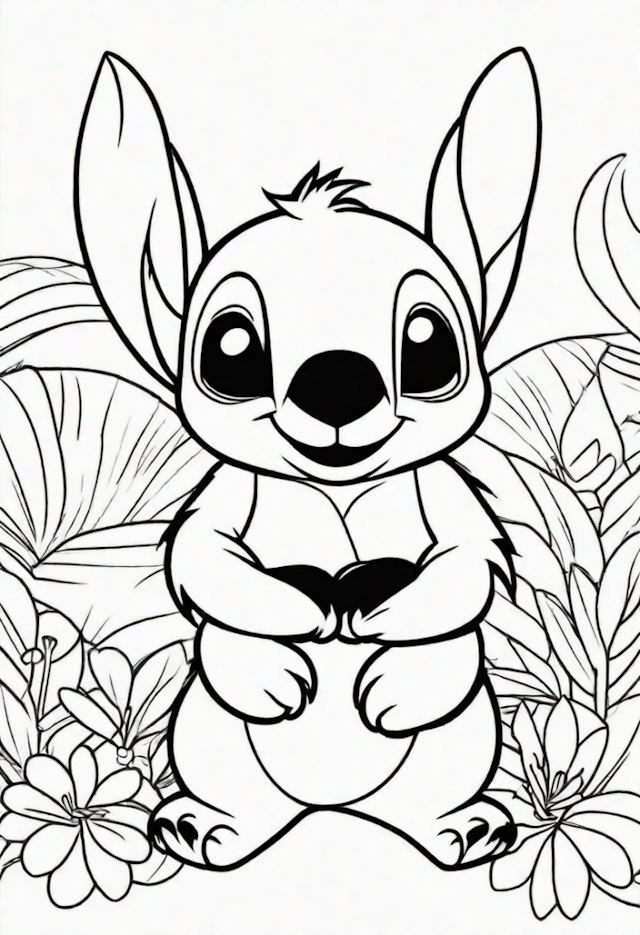 A coloring page of Stitch in the Garden Coloring Fun