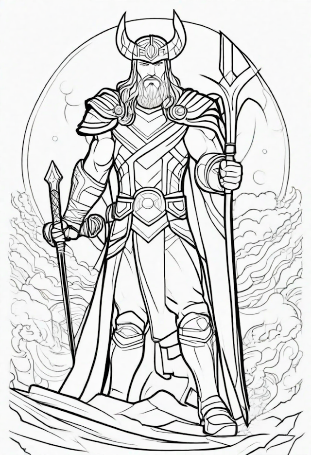 A coloring page of Odin the Allfather: God of Asgard Coloring Page