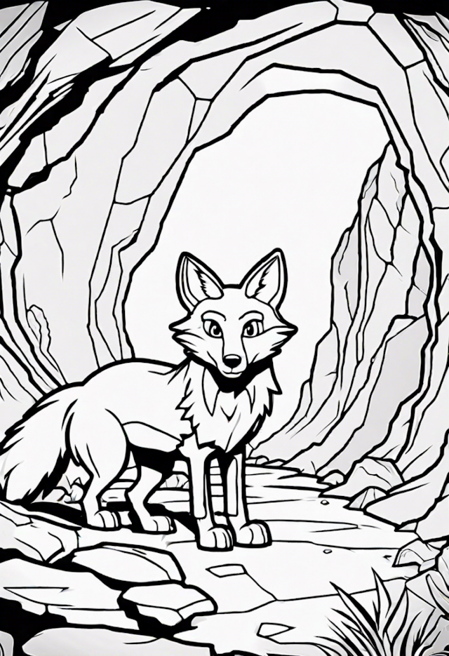 A coloring page of Misha the Fox Explores the Rocky Cave