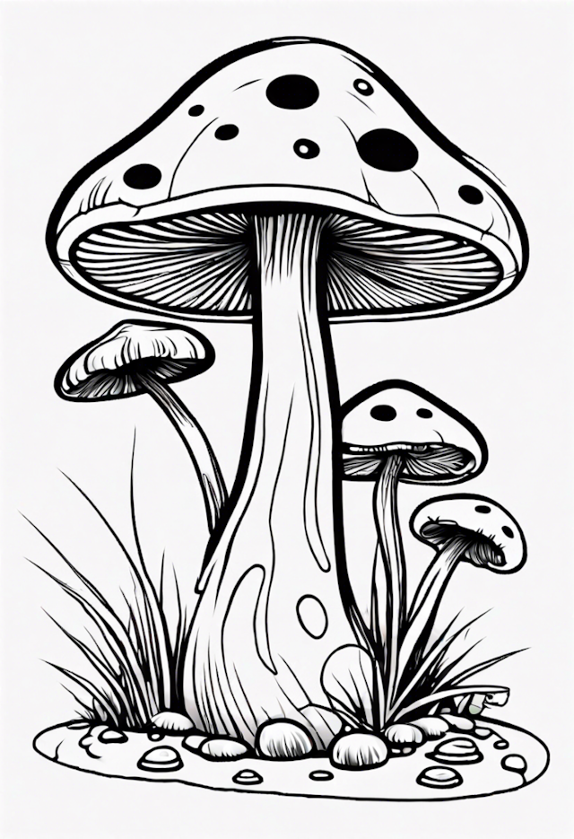 A coloring page of Whimsical Mushrooms in the Forest