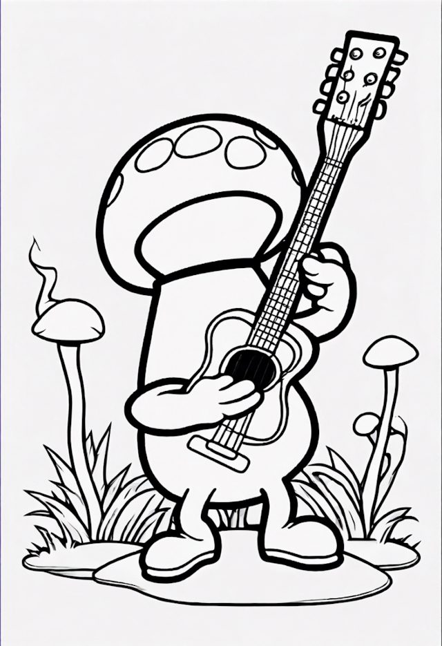 A coloring page of Mushroom Musician: Grooving with a Guitar