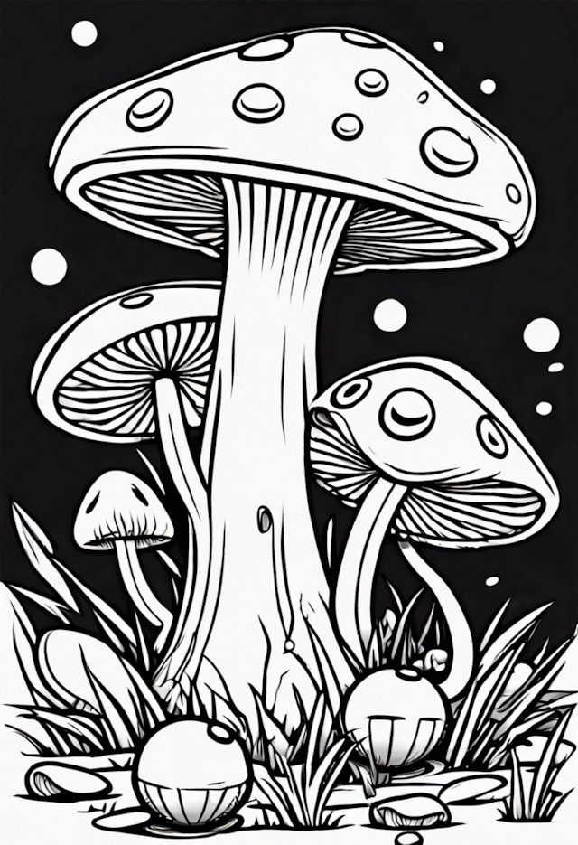 A coloring page of Enchanted Mushroom Forest Coloring Page
