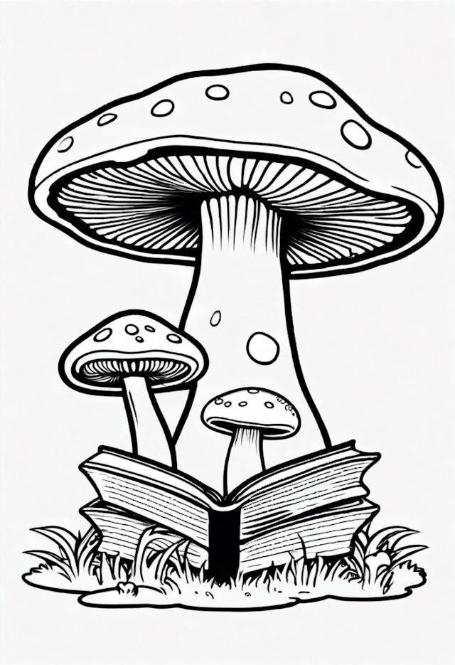 A coloring page of Magic Mushrooms and the Storybook Forest
