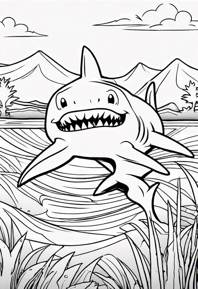 Shark Adventure in the Mountains Coloring Page