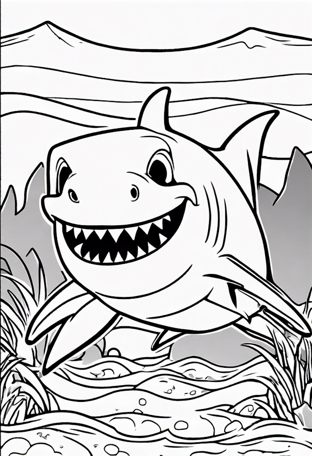 Smiling Shark in the Ocean Coloring Page