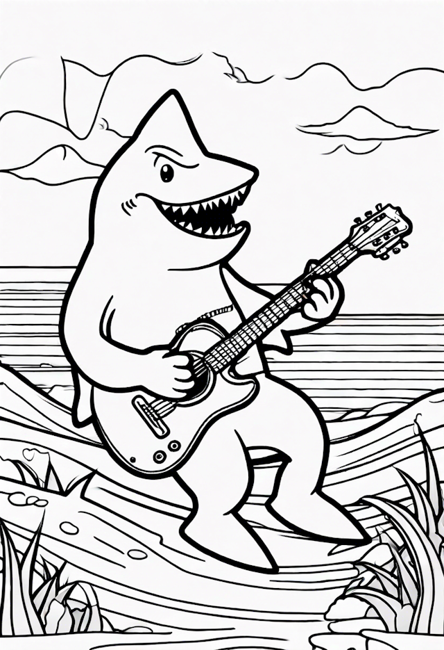 Rockin’ Shark with Guitar Coloring Page