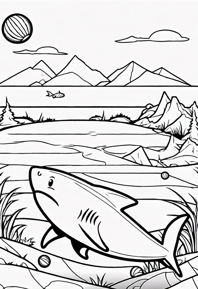 Shark’s Lake Adventure Coloring Page