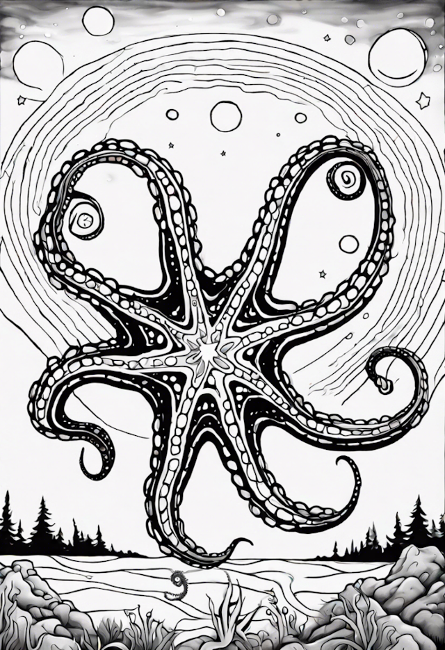 A coloring page of Celestial Octopus Adventure