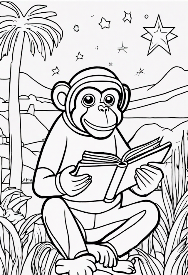 A coloring page of Max the Monkey Reading Under the Stars