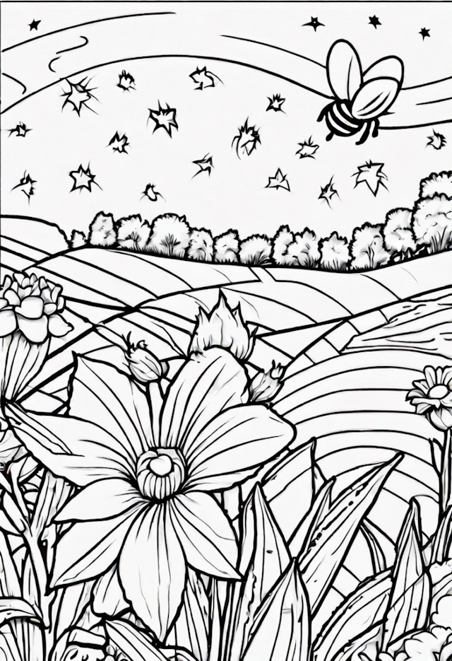 A coloring page of Flower Fields and Flying Bee Adventure
