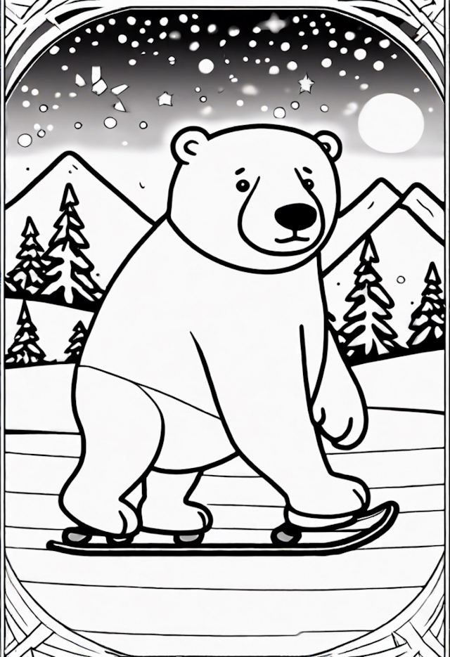 A coloring page of Ice Skating Bear Under the Night Sky