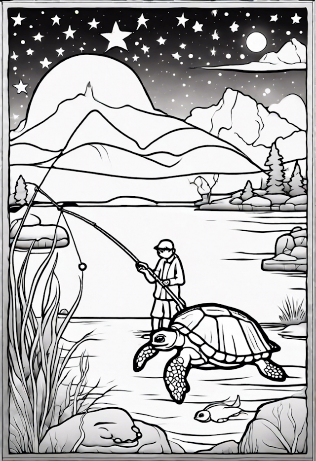 A coloring page of Starry Night Fishing Adventure with Turtle