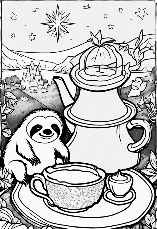 A coloring page of Sloth’s Magical Tea Party Adventure