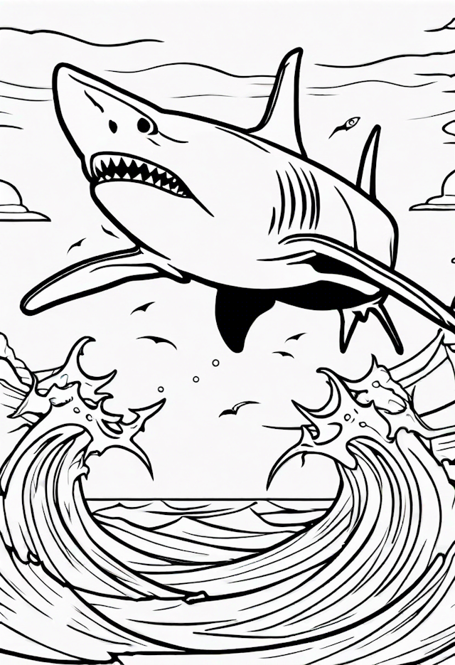 Shark Soaring Above Ocean Waves Coloring Page