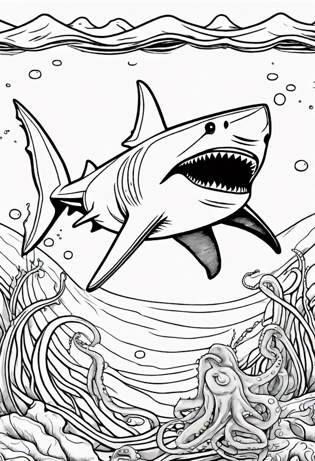 Shark and Octopus Underwater Adventure Coloring Page