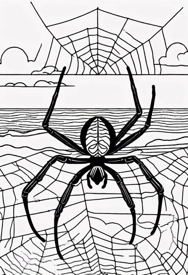 A coloring page of Giant Spider on Its Web Coloring Page