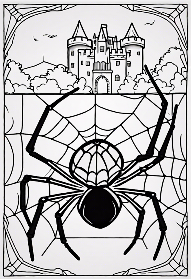 A coloring page of Castle and Spider Web Adventure Coloring Page