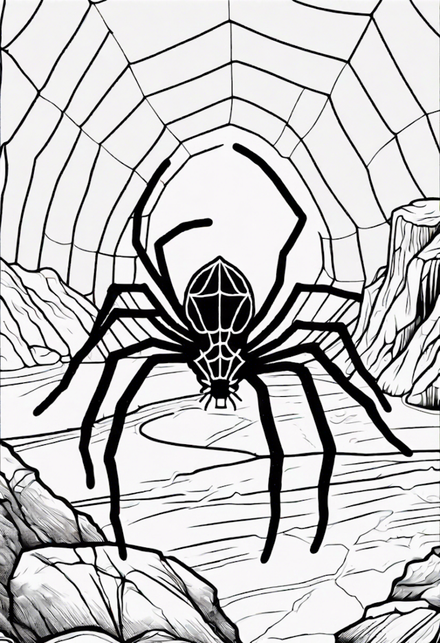 A coloring page of Spider in a Web Coloring Page