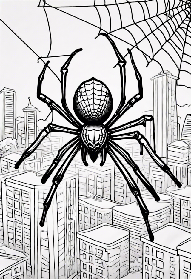 A coloring page of Giant Spider Over the City Coloring Page