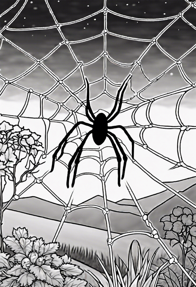 A coloring page of Spider in a Web at Twilight