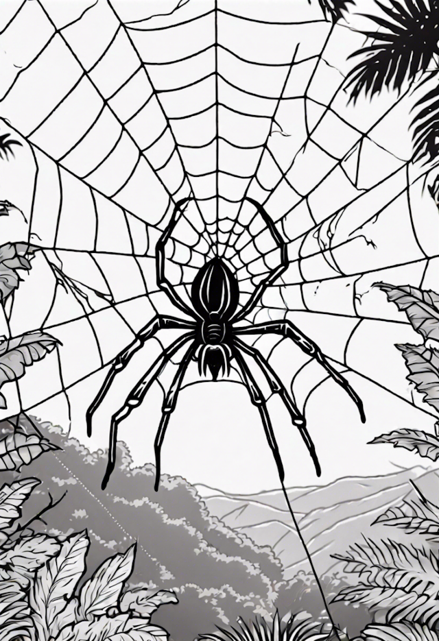A coloring page of Spider in the Jungle Web Coloring Page