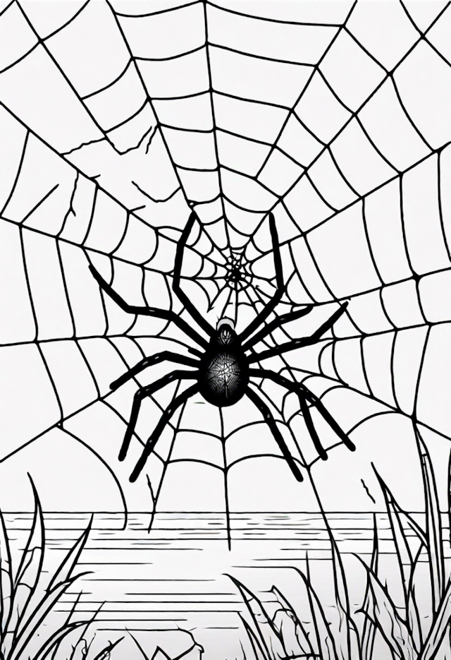 A coloring page of Spider on a Web by the Lake