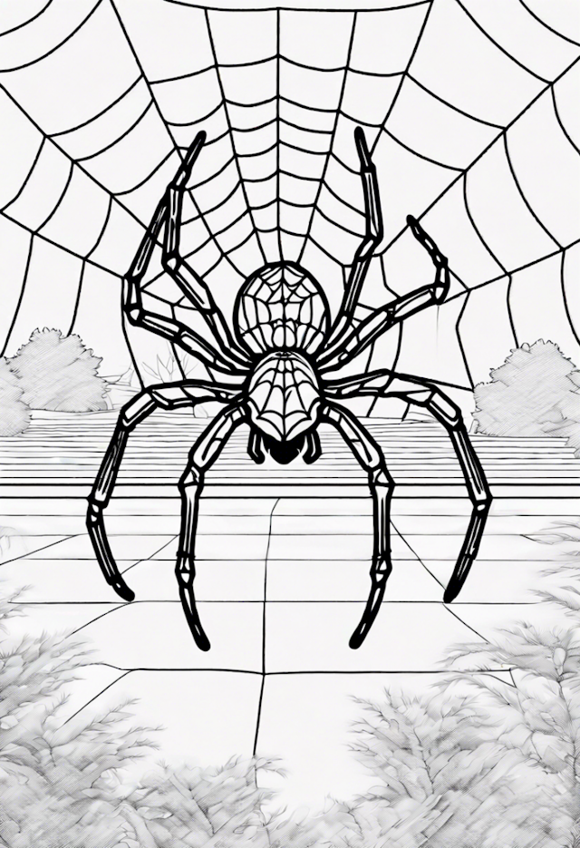 A coloring page of Spider on Web Coloring Page